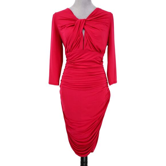 Halston Heritage Dress Womens 14 Raspberry Pink Stretch Knit Lined Ruched New - Picture 1 of 14